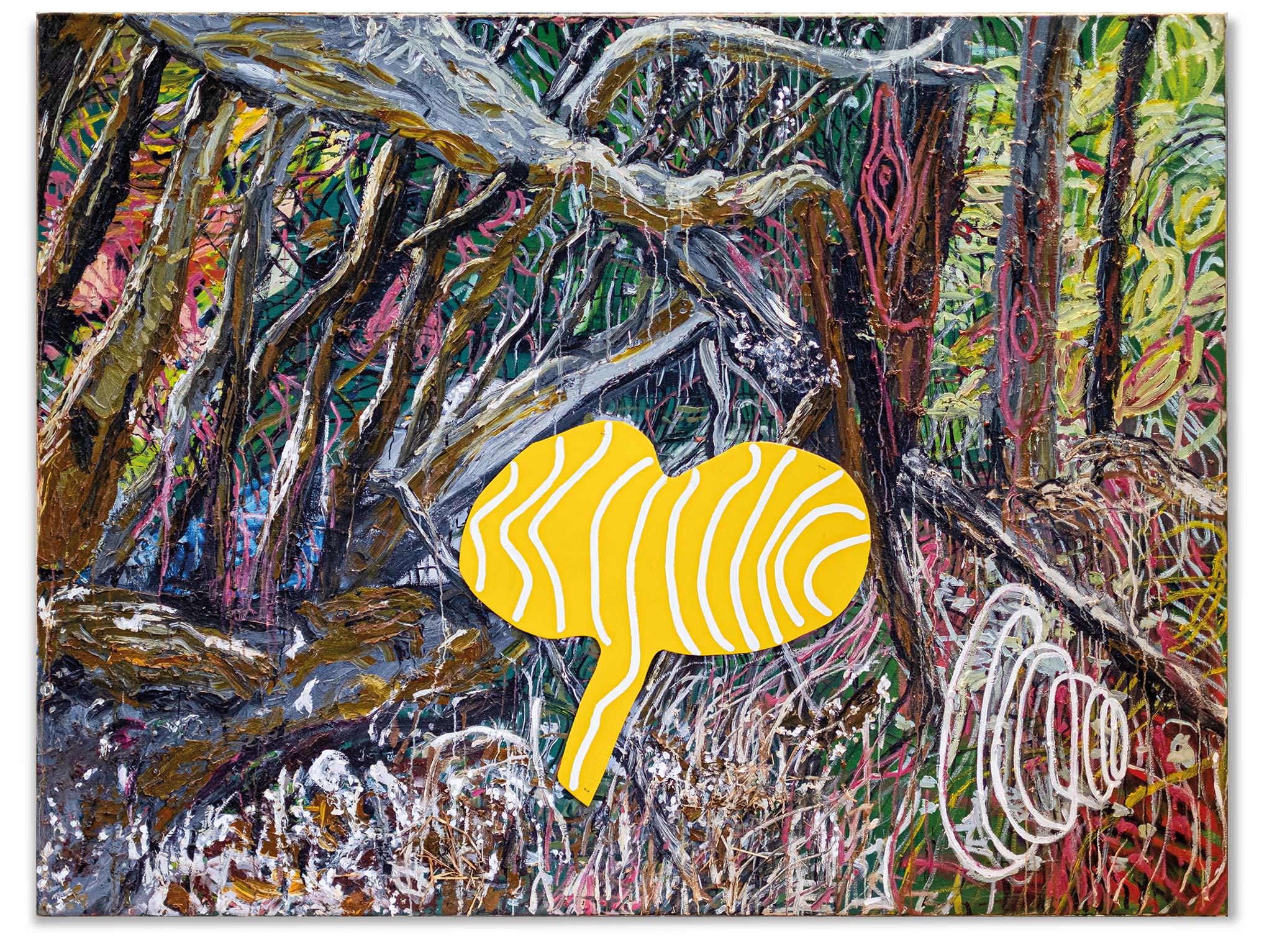 Nachtwald, Oil on canvas, plastic, varnish straw, 220 x 180 cm, 2017